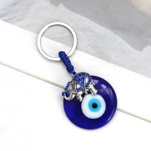 Evil Eye Elephant Keychain With Blue Glass Disc Pendant Alloy Rhinestone Inlaid Lucky Nazar Car Key Ring For Women Jewelry