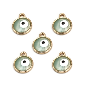 Detailed view of light green evil eye charms with golden metal frame for DIY jewelry