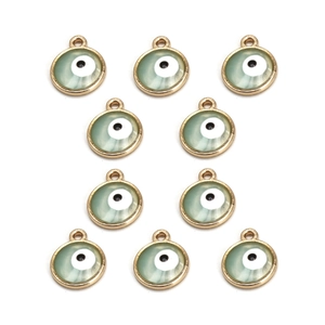 Detailed view of ten green enamel Evil Eye charms with golden alloy frames for DIY jewelry