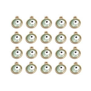 Macro view of 20pcs light green enamel evil eye pendants with gold plated frames