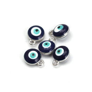 Five-piece set of round blue evil eye enamel charms with silver alloy hooks for DIY jewelry