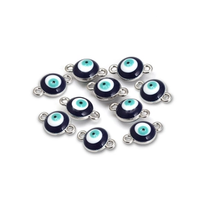 Detailed view of blue enamel evil eye charm connectors for DIY jewelry making