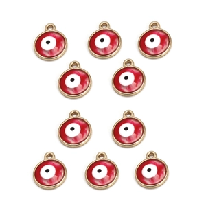 Detailed macro view of ten red evil eye round charms for DIY jewelry making kits
