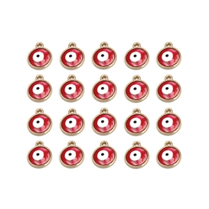 Macro detail of twenty red evil eye round beads with gold plating for jewelry making