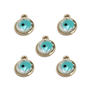 Close-up of five round evil eye charms with golden frames for DIY jewelry making