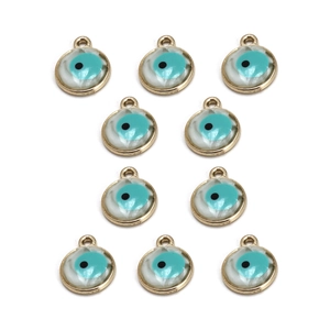Set of 10 round gold-plated Evil Eye charms with turquoise enamel for DIY jewelry making