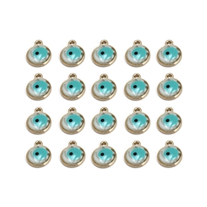 Detailed grid of twenty circular golden evil eye pendants for DIY jewelry making