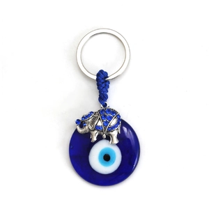 Blue glass evil eye and silver elephant keychain with sparkling crystal rhinestones