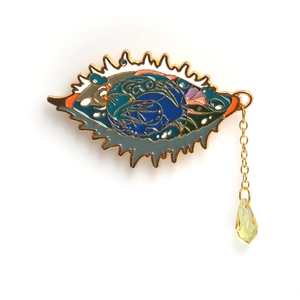Artistic Evil Eye enamel brooch in gold metal frame with chain and teardrop pendant