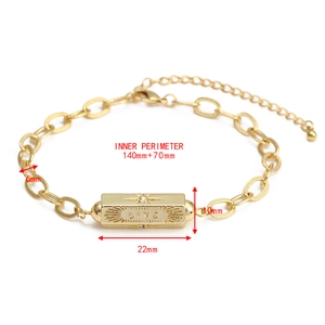Close-up of gold chain bracelet with LIVE engraved plate and size measurements