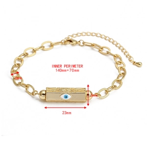 Detailed view of golden evil eye charm bracelet with size dimensions and measurements