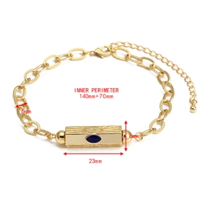 Detailed view of evil eye gold charm bracelet with dimensions and lobster clasp