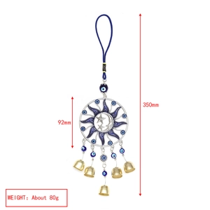 Detailed dimensions of sun moon wind chime with blue evil eye beads and gold bells