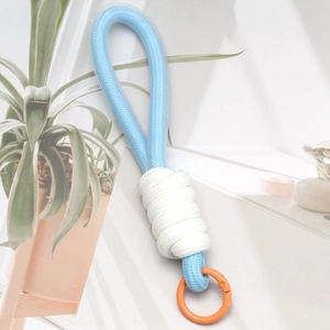 Sky blue braided rope phone strap featuring a white knot and a bright orange circular hook