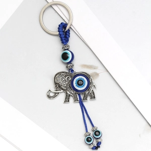 Bohemian Alloy Hollow Elephant Evil Eye Keychain Blue Braided Rope Lucky Amulet Animal Pendant Car Key Ring For Men Women