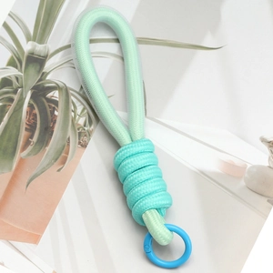 Detail of mint green woven braided rope keychain with a blue spring ring connector