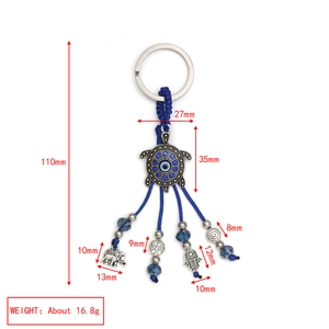 Detailed size chart of Evil Eye keychain with Hamsa and elephant charms in blue