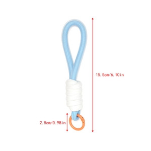 Detail view of woven light blue cord with orange spring ring and size labels