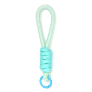 Detailed close-up of mint green woven phone lanyard with blue nylon cord and ring