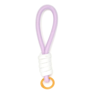 Detail of purple woven rope keychain with white wrap cord and orange spring ring