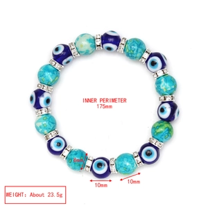 Detailed view of evil eye bracelet showing 8mm and 10mm blue glass beads and measurements