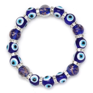 Detail shot of blue glass Evil Eye beads with gold foil accents and crystal spacers