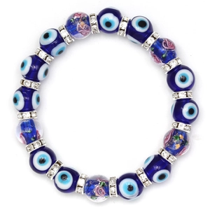 Evil Eye beaded bracelet with blue glass charms and sparkling rhinestone spacers for women