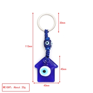 Detailed size specifications for Evil Eye keychain pendant featuring house motif charm