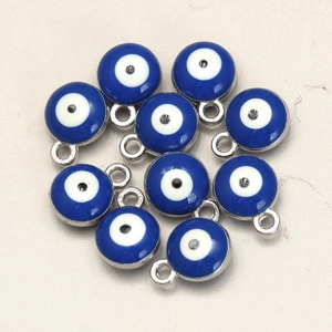 Set of ten silver alloy evil eye pendants with blue enamel for DIY jewelry making