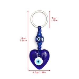 Detailed size specifications of the blue heart-shaped Evil Eye glass keychain pendant