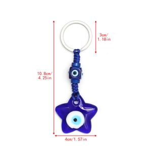 Blue Turkish evil eye keychain dimensions showing total length and star pendant width