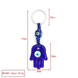 Blue Evil Eye Hamsa keychain with dimensions 118mm length and 50mm hand pendant height