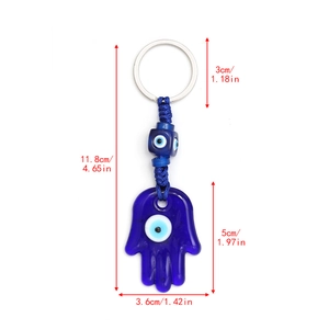 Detailed size specifications for the blue glass Evil Eye Hamsa Hand keychain pendant
