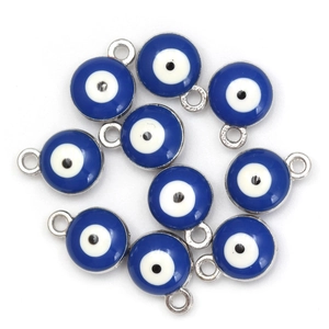 Detailed macro view of ten silver-colored evil eye enamel pendants for DIY jewelry making