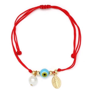 Rotes Kordelarmband mit bösem Blick, Perle und goldener religiöser Medaille