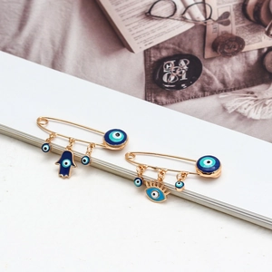 Broschen-Set mit bösem Auge und Hand der Fatima aus Gold mit blauem Emaille-Dekor
