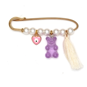 Broche épingle dorée avec cœur Œil Maléfique, ours en résine, perles blanches et pompon