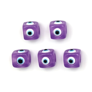Detailed close-up of purple square evil eye beads for DIY jewelry making and crafts