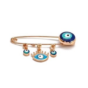 Goldene Evil Eye Sicherheitsnadel-Brosche mit blauen Emaille-Anhängern und Wimpern-Details