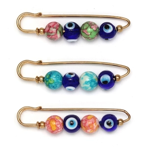 Retro Evil Eye Safety Pin Brooch With Ceramic Glaze Beads For Women Gold Plated Ethnic Clothing Jewelry Accessories Pin