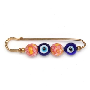 Golden Evil Eye pin brooch with colorful marble beads and blue glass nazar charms