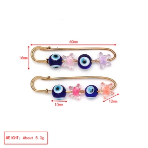 Detailed dimensions of gold safety pin brooches with evil eye and star crystal beads