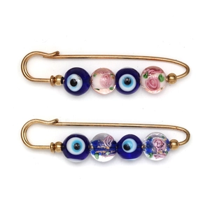 Creative Evil Eye lapel pins with blue glass beads and handmade pink floral beads