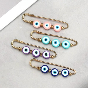 Evil Eye safety pin brooches in gold metal with colorful beads for clothing accessories