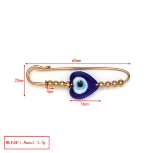 Detailed dimensions of the Evil Eye safety pin brooch with blue heart pendant and gold metal