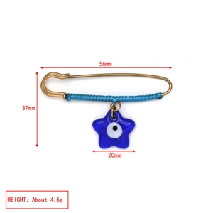 Star-shaped evil eye pendant brooch with blue woven cord and detailed dimensions