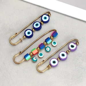 Three-piece Evil Eye safety pin brooch set with colorful beads and gold finish