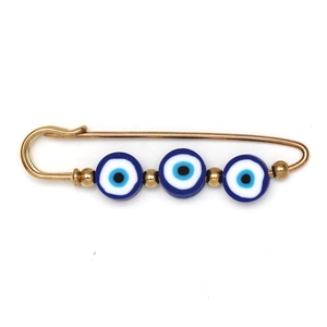 Golden evil eye safety pin brooch with blue protective beads for men and women