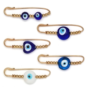 Fashion Gold Plated Alloy Evil Eye Safety Pin Brooch Ethnic Blue Glass Bead Enamel Beetle Ladybug Collar Pin For Men Women Accessory