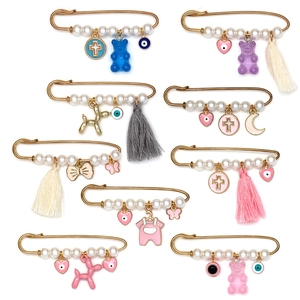 Lot de 8 broches épingles à nourrice dorées avec œil maléfique, perles et glands colorés